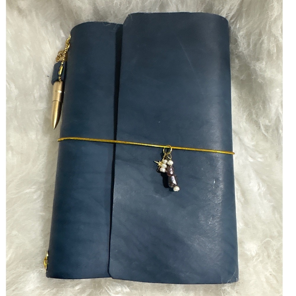 Handmade Veg Tan Leather Travelers Notebook Blue Star Pearl Pen Charm